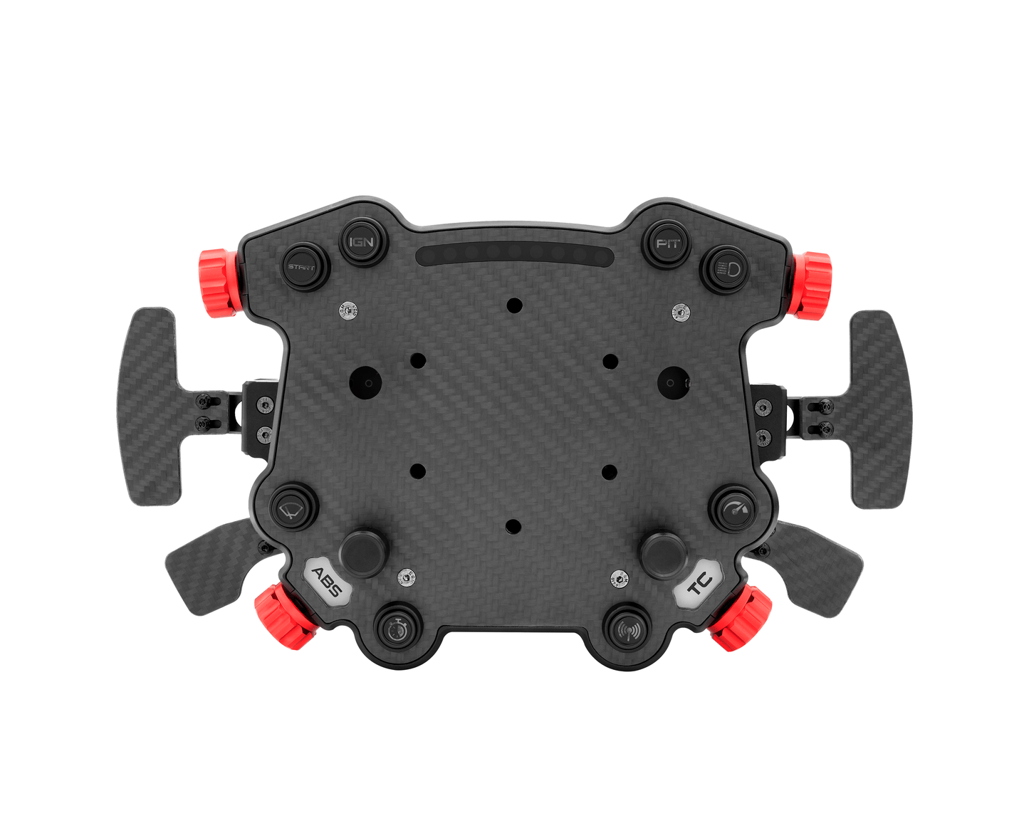 A top view of the Simagic GT Pro Hub featuring a carbon fiber plate, aluminum housing, and multiple control buttons and switches.