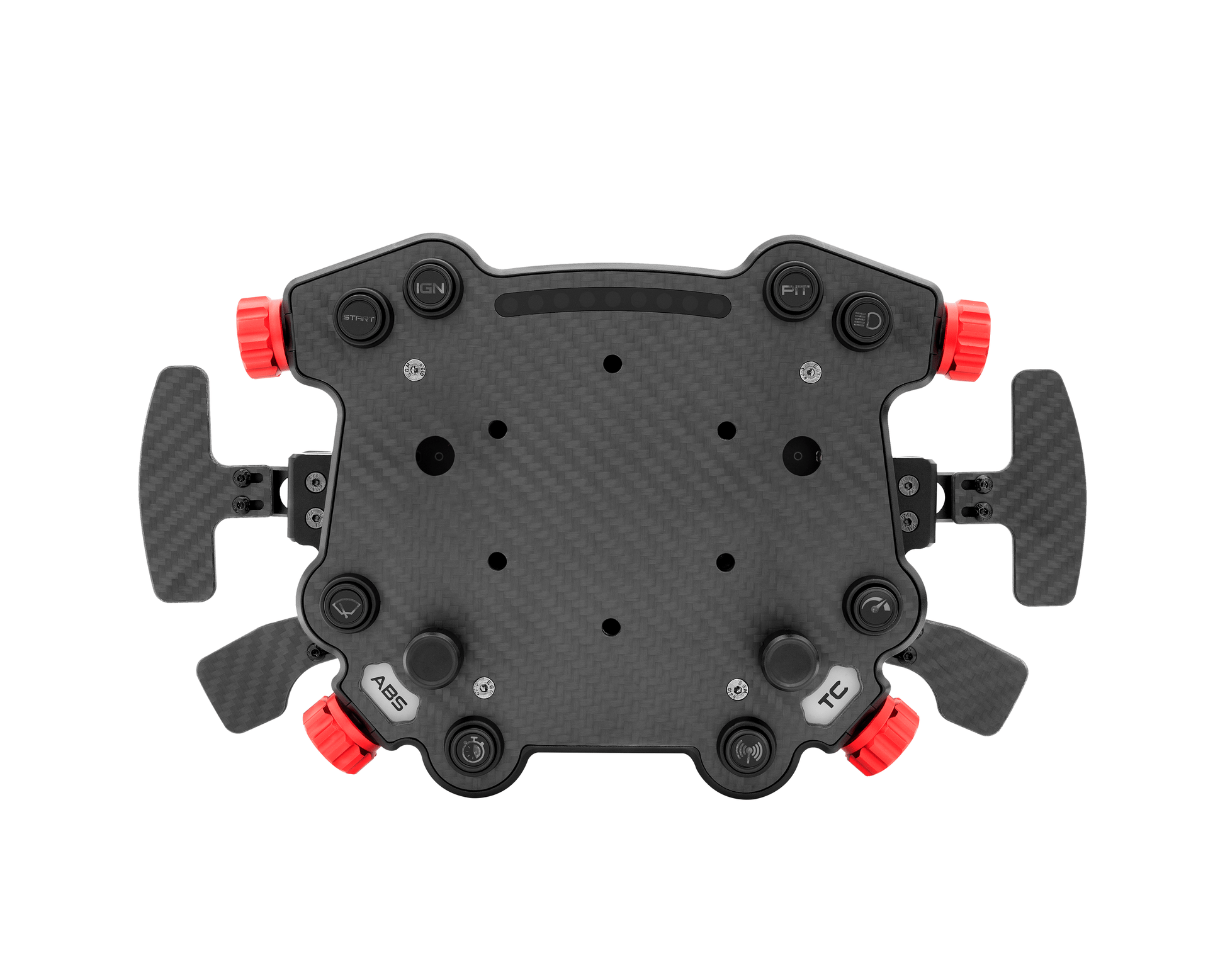 A top view of the Simagic GT Pro Hub featuring a carbon fiber plate, aluminum housing, and multiple control buttons and switches.