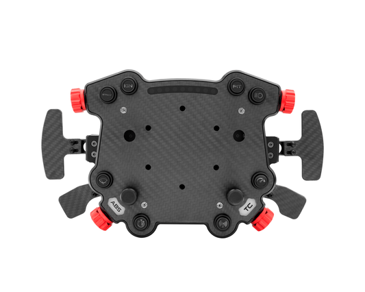 A top view of the Simagic GT Pro Hub featuring a carbon fiber plate, aluminum housing, and multiple control buttons and switches.