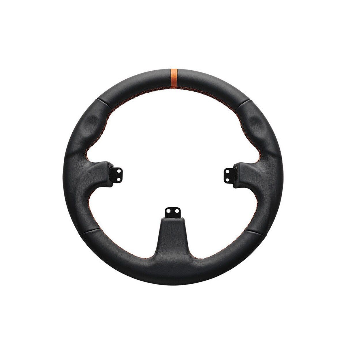 The Asetek SimSports Round Leather Black Steering Wheel Rim Front View Against a White Background