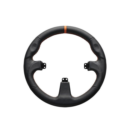 The Asetek SimSports Round Leather Black Steering Wheel Rim Front View Against a White Background