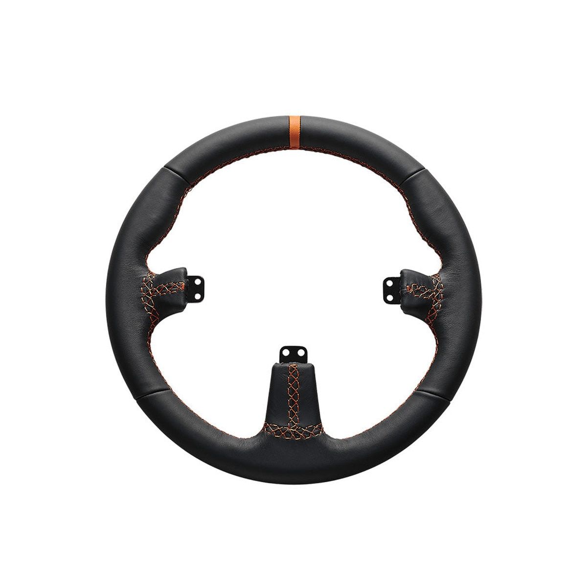 The Asetek SimSports Round Leather Black Steering Wheel Rim Rear View Against a White Background