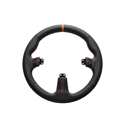 The Asetek SimSports Round Leather Black Steering Wheel Rim Rear View Against a White Background