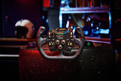 Asetek Forte Open D rim in black leather with perforated leather handles, front view