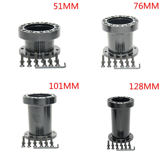A set of four black steering wheel hub extensions in different sizes, labeled 51mm, 76mm, 101mm, and 128mm.
