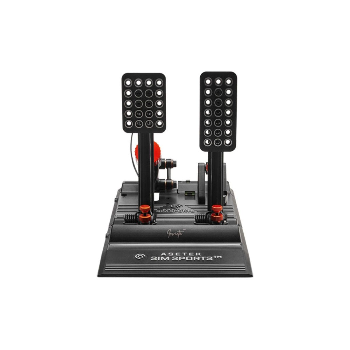 Front close-up of Asetek Invicta Thor II pedals highlighting brushed metal finish