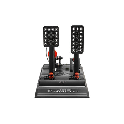 Front close-up of Asetek Invicta Thor II pedals highlighting brushed metal finish