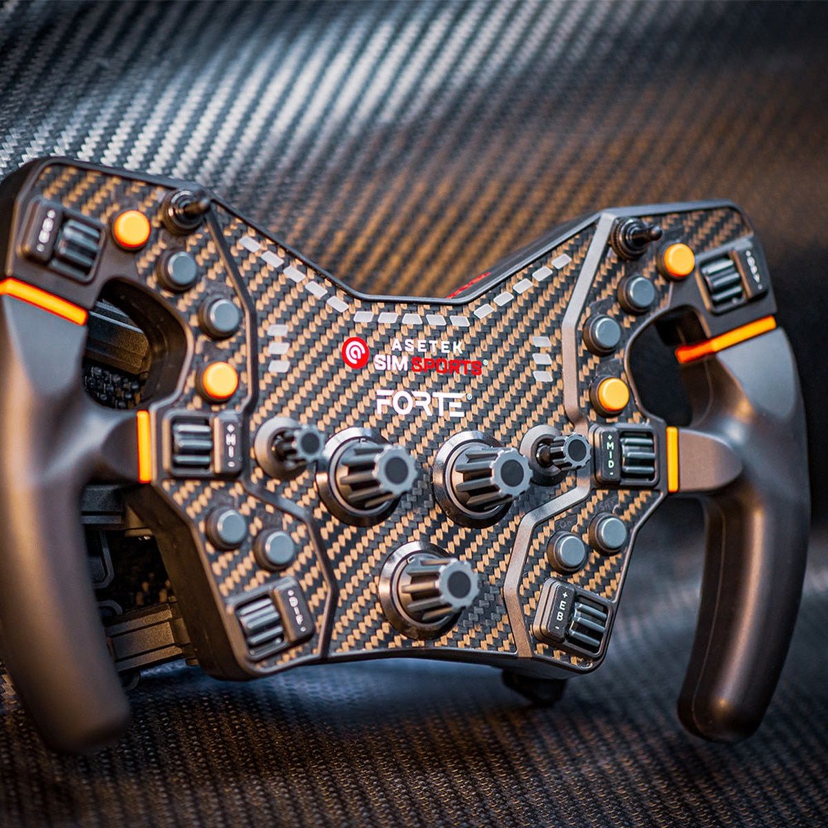 Asetek Forte Formula Wheel displayed against a carbon fiber background for a premium visual appeal