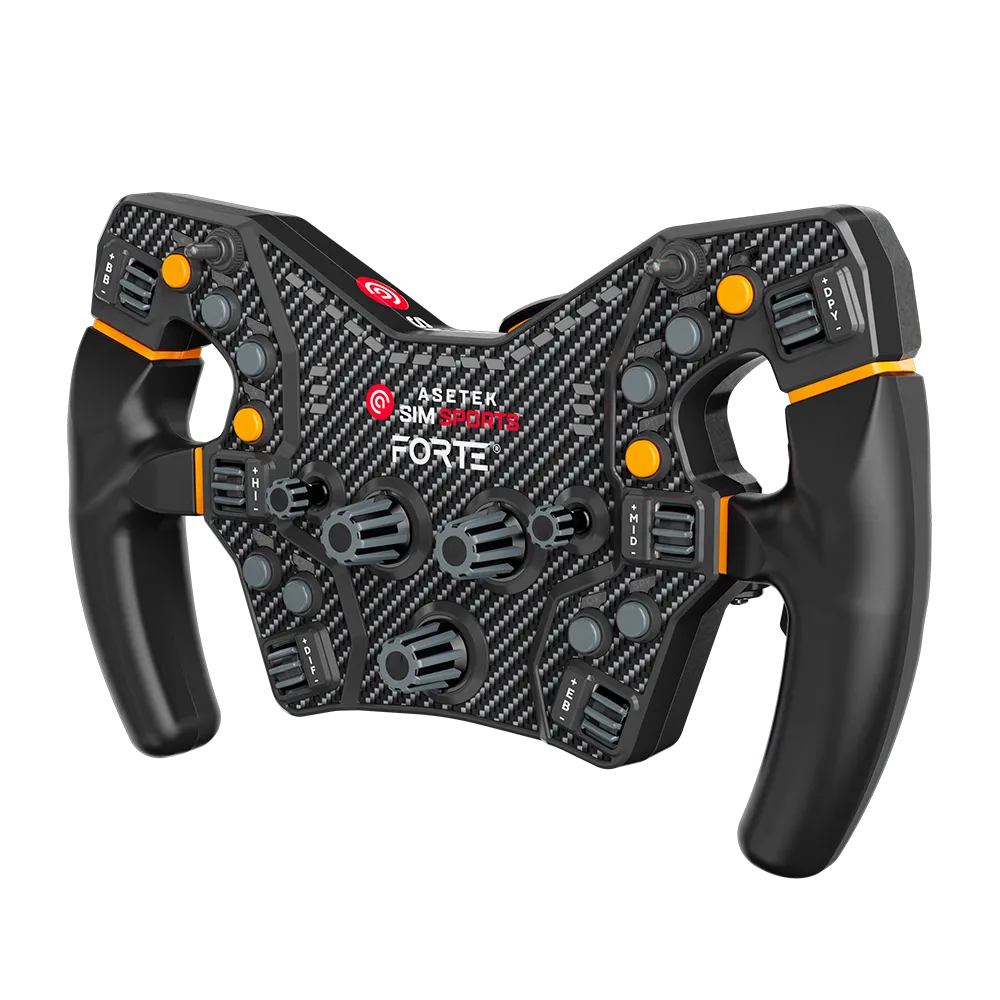 Front left angled view of the Asetek Forte Formula Wheel showing ergonomic hand grips