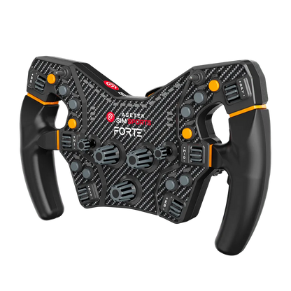 Front left angled view of the Asetek Forte Formula Wheel showing ergonomic hand grips