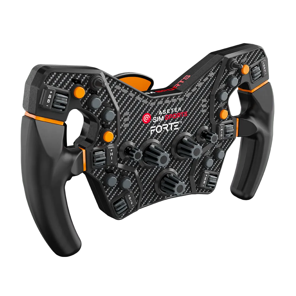 Right-side front angled view of the Asetek Forte Formula Wheel highlighting button layout
