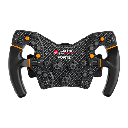 Direct front view of the Asetek Forte Formula Wheel with rotary encoders and paddle shifters