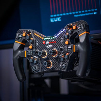 Asetek Forte Formula Wheel mounted to base, and setup, front angle view with LEDs active