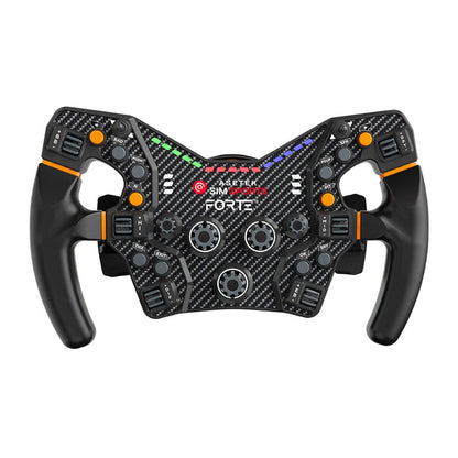 Asetek Forte Formula Wheel front view with LED indicators turned on