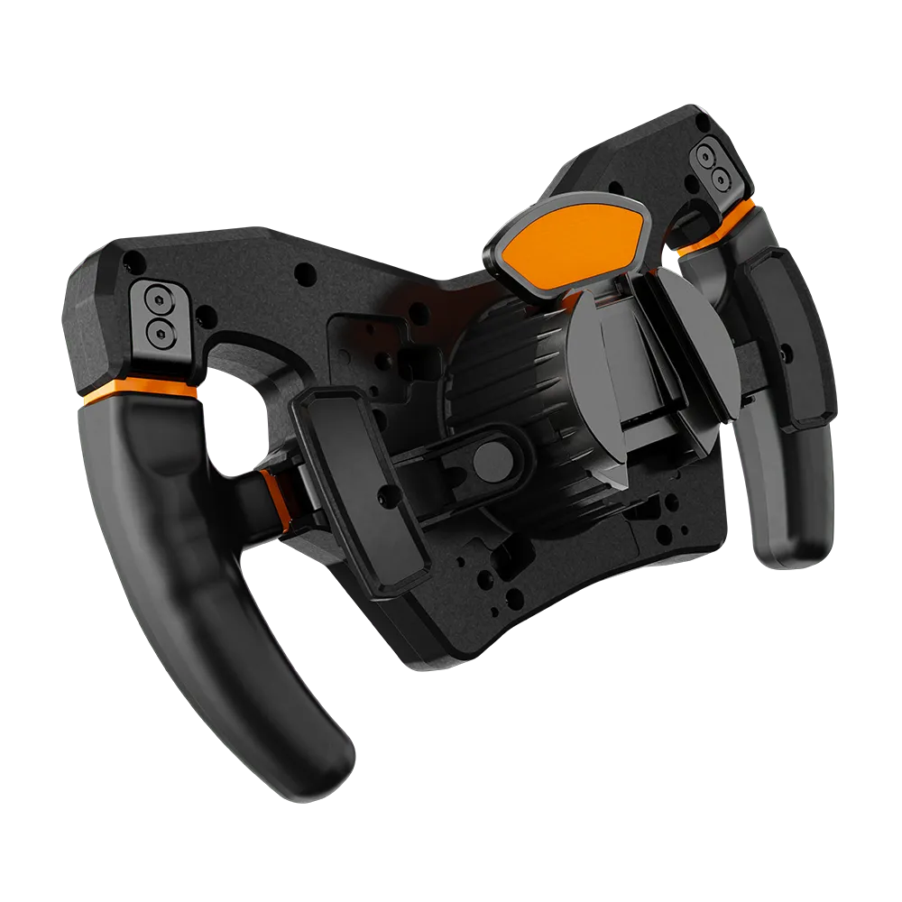 Rear left angle of the Asetek Forte Formula Wheel focusing on shifter and release mechanism