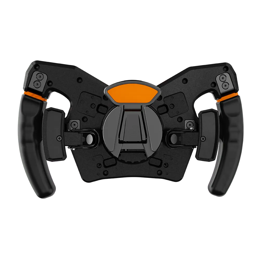 Rear view of the Asetek Forte Formula Wheel with dual-clutch paddles, and wheel release mechanism visible