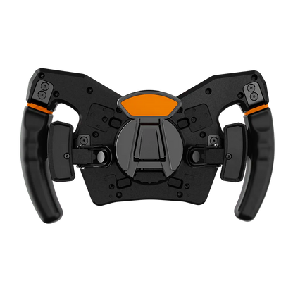 Rear view of the Asetek Forte Formula Wheel with dual-clutch paddles, and wheel release mechanism visible