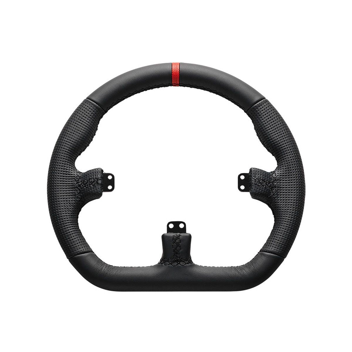 Rear view of Asetek closed D-rim in black leather for sim racing