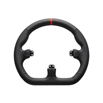 Rear view of Asetek closed D-rim in black leather for sim racing