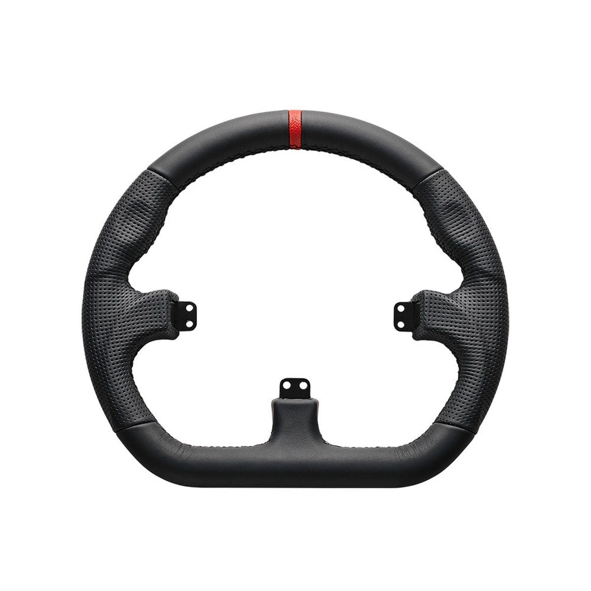 Front view of Asetek closed D-rim in black leather for sim racin