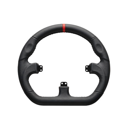 Front view of Asetek closed D-rim in black leather for sim racin