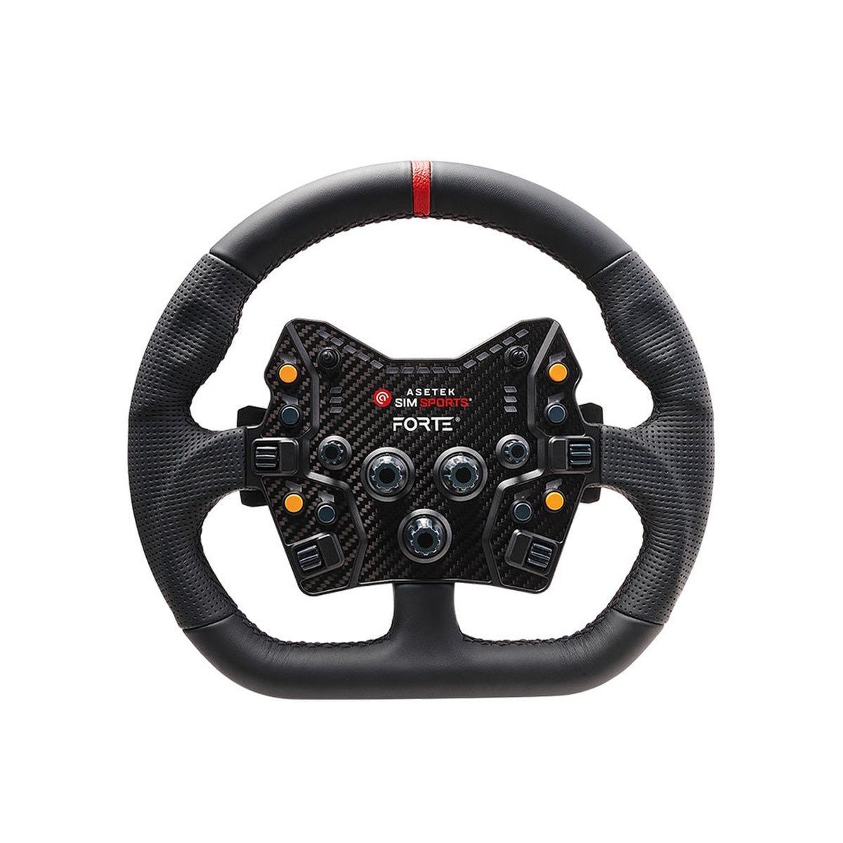 Front view of Asetek closed D-rim in black leather with the forte button box