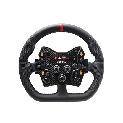 Front view of Asetek closed D-rim in black leather with the forte button box