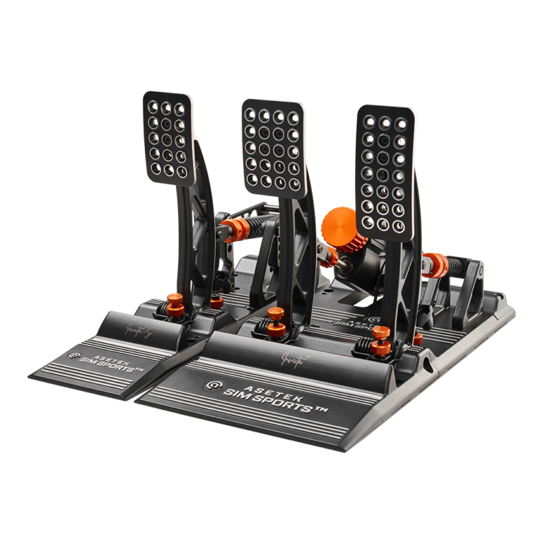 Angled front view of Asetek Invicta Thor II pedals highlighting clutch and mount