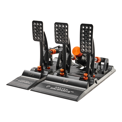 Angled front view of Asetek Invicta Thor II pedals highlighting clutch and mount