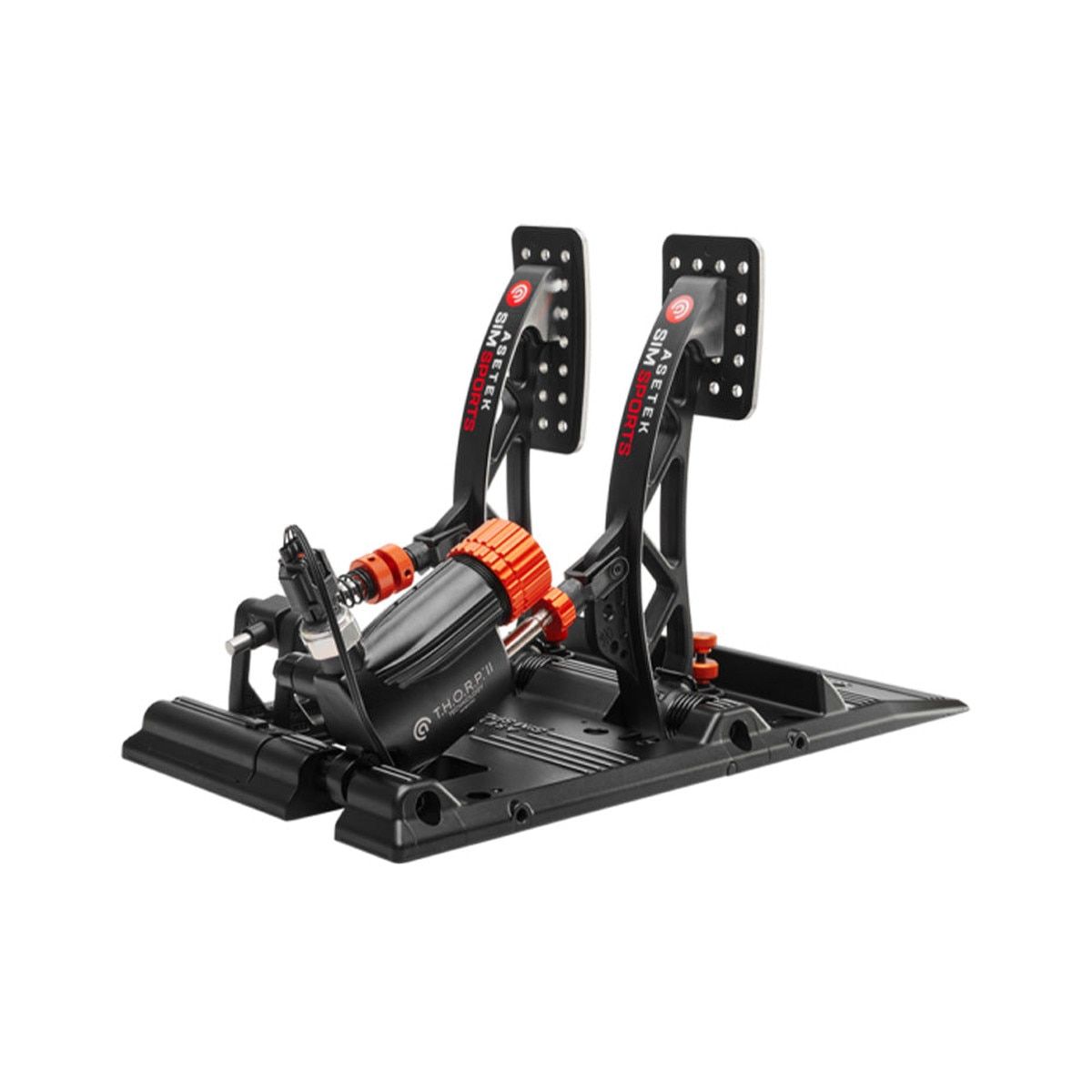 side rear view of Asetek Invicta Thor II pedals highlighting brushed metal finish